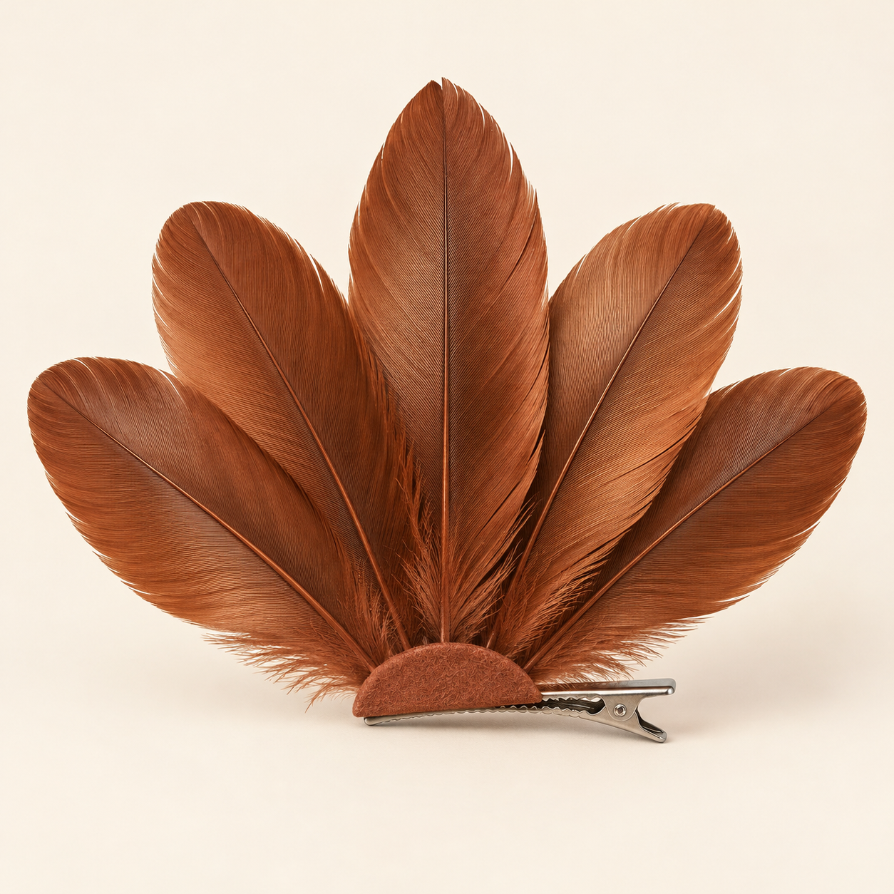 Cobre Glow: Five broad copper brown feathers open into a fan silhouette.