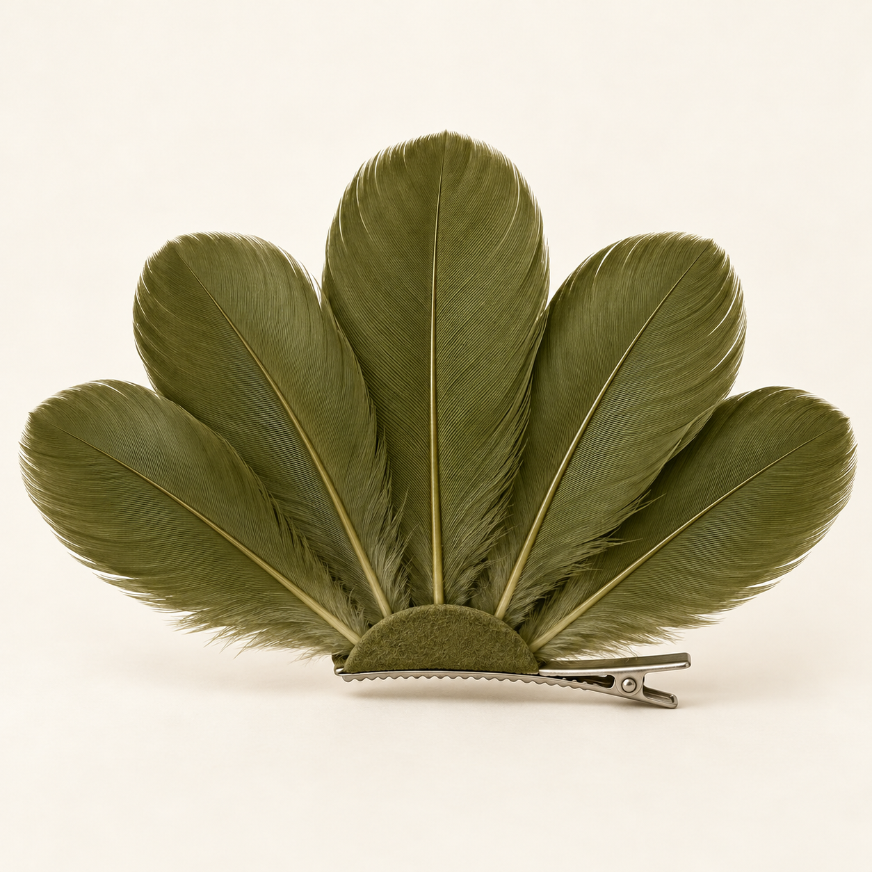 Oliva Rhythm: Five broad olive feathers open into a fan silhouette.